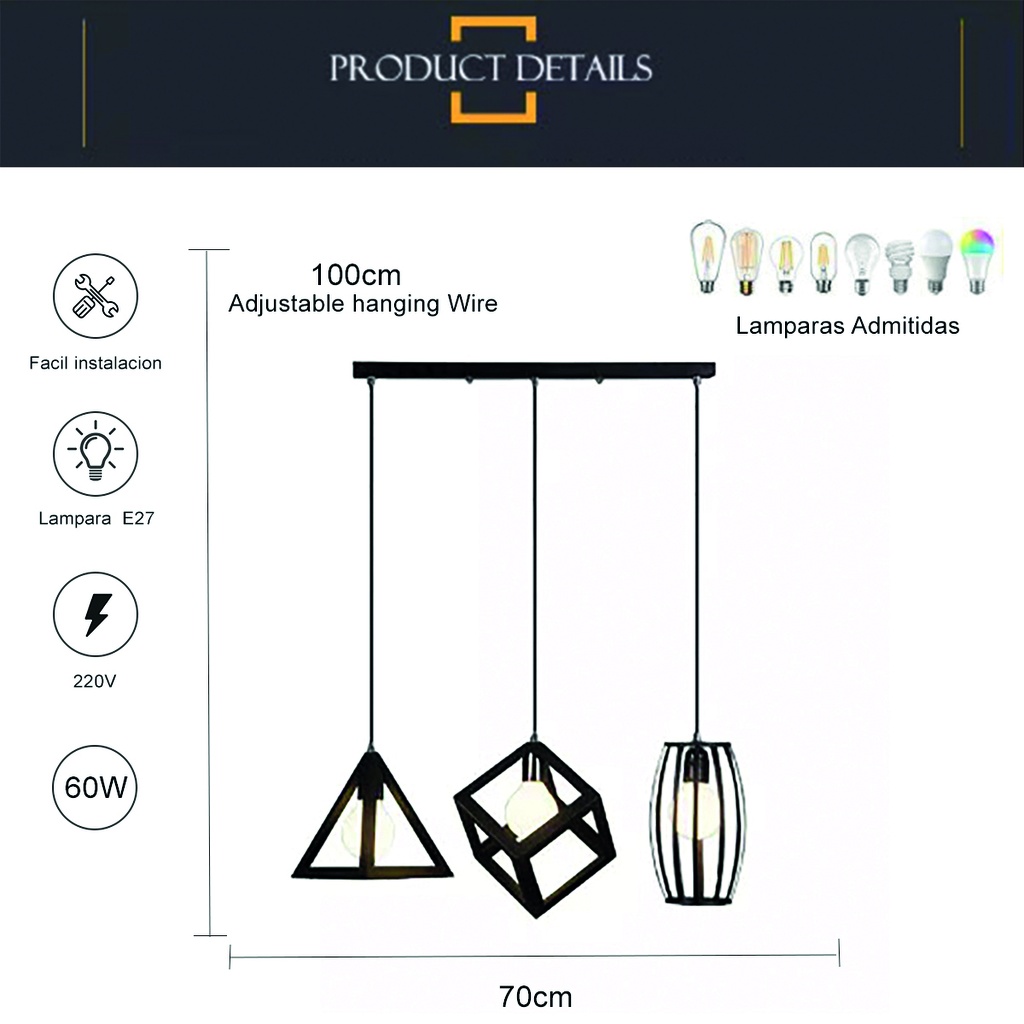 Luminaria colgante hierro tres figuras