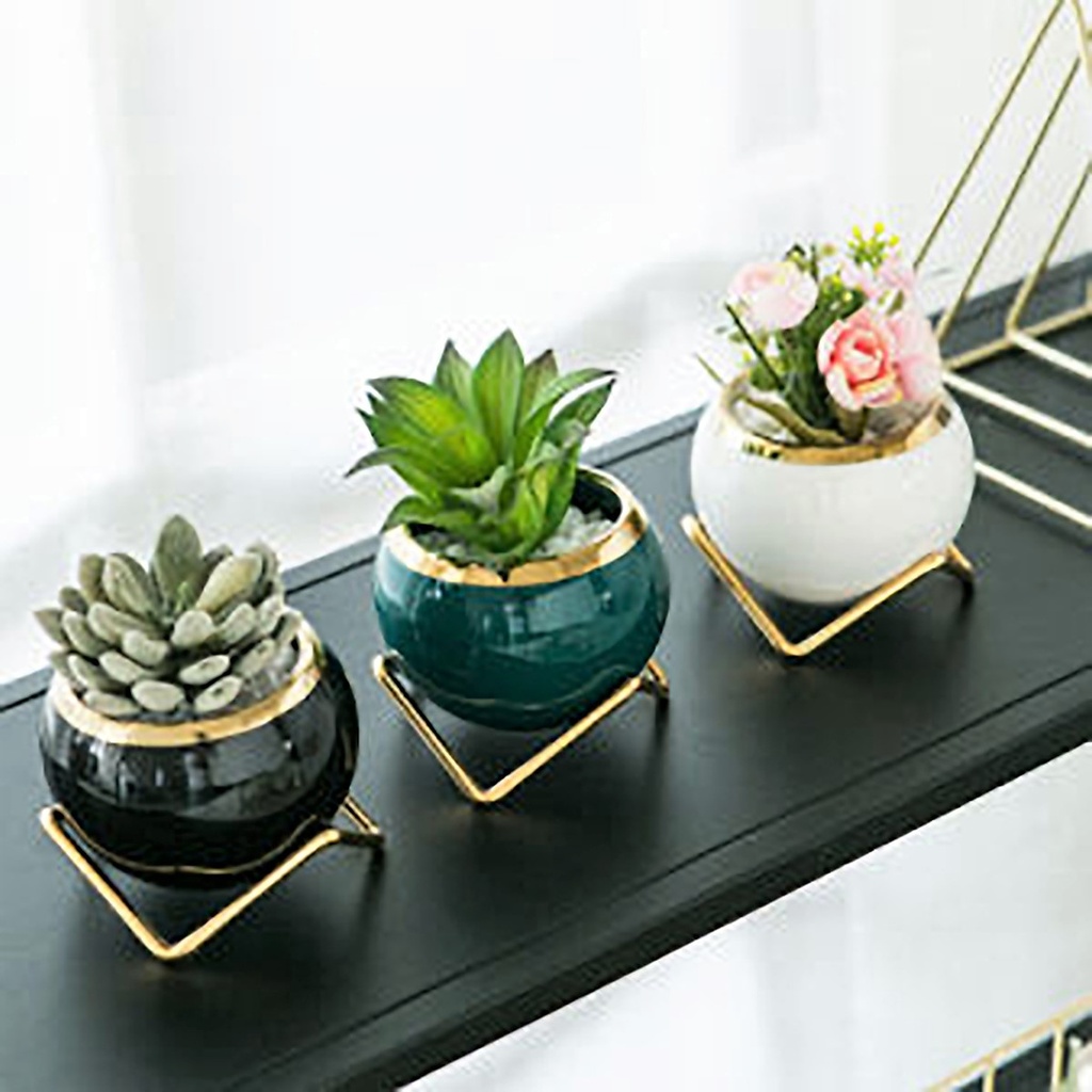 Maceta porcelana borde dorado con soporte Verde