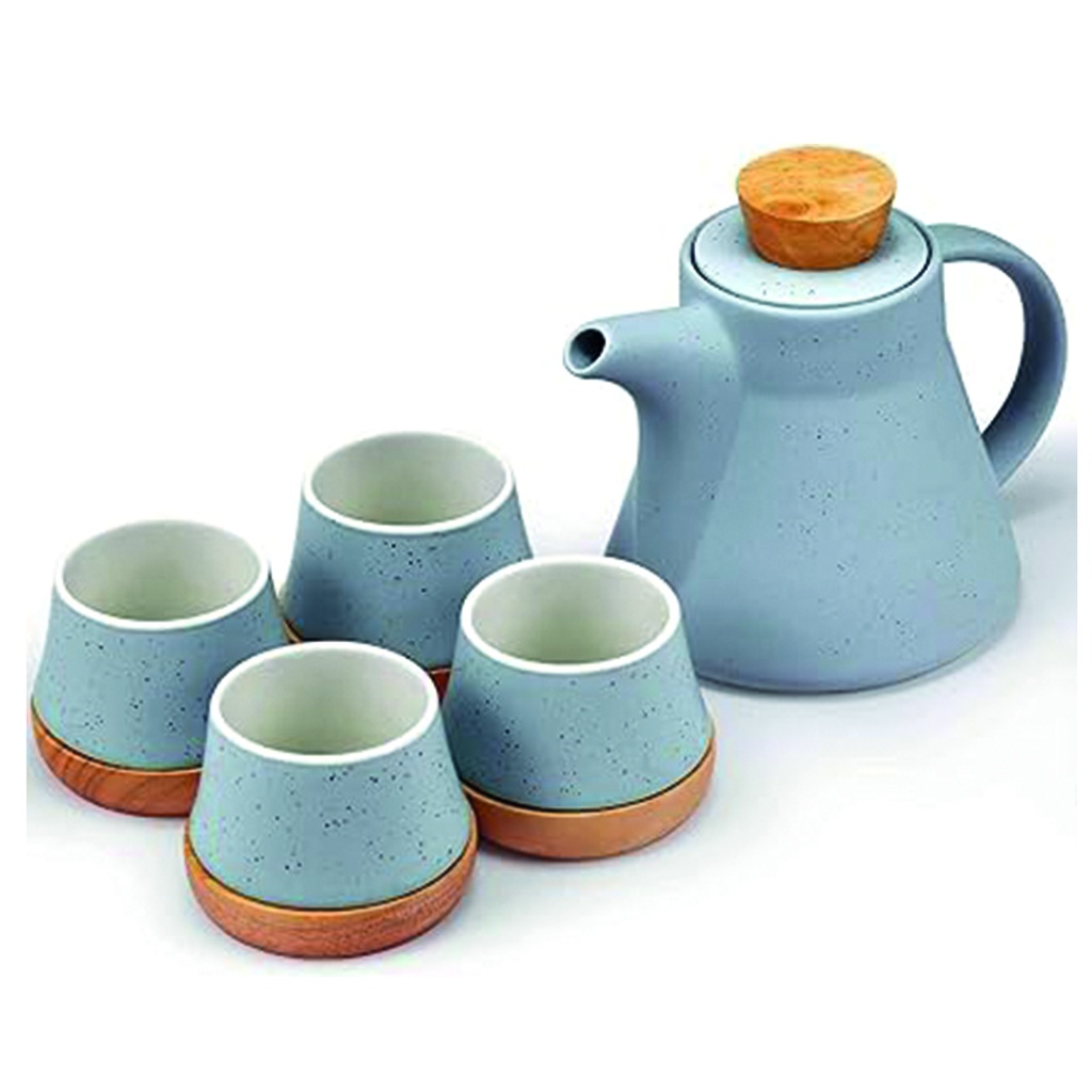Juego de té ceramica madera 4 servicios Celeste