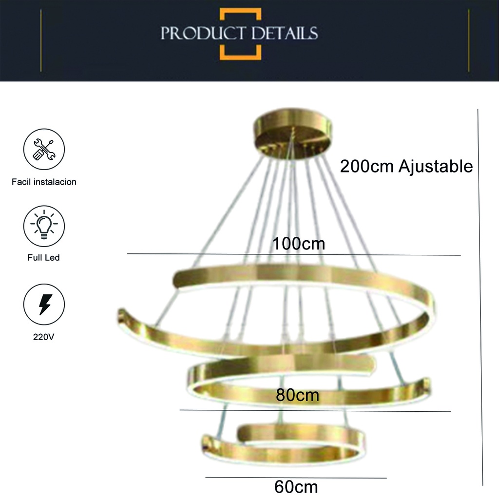 Luminaria led colgante triple 246W Dorado