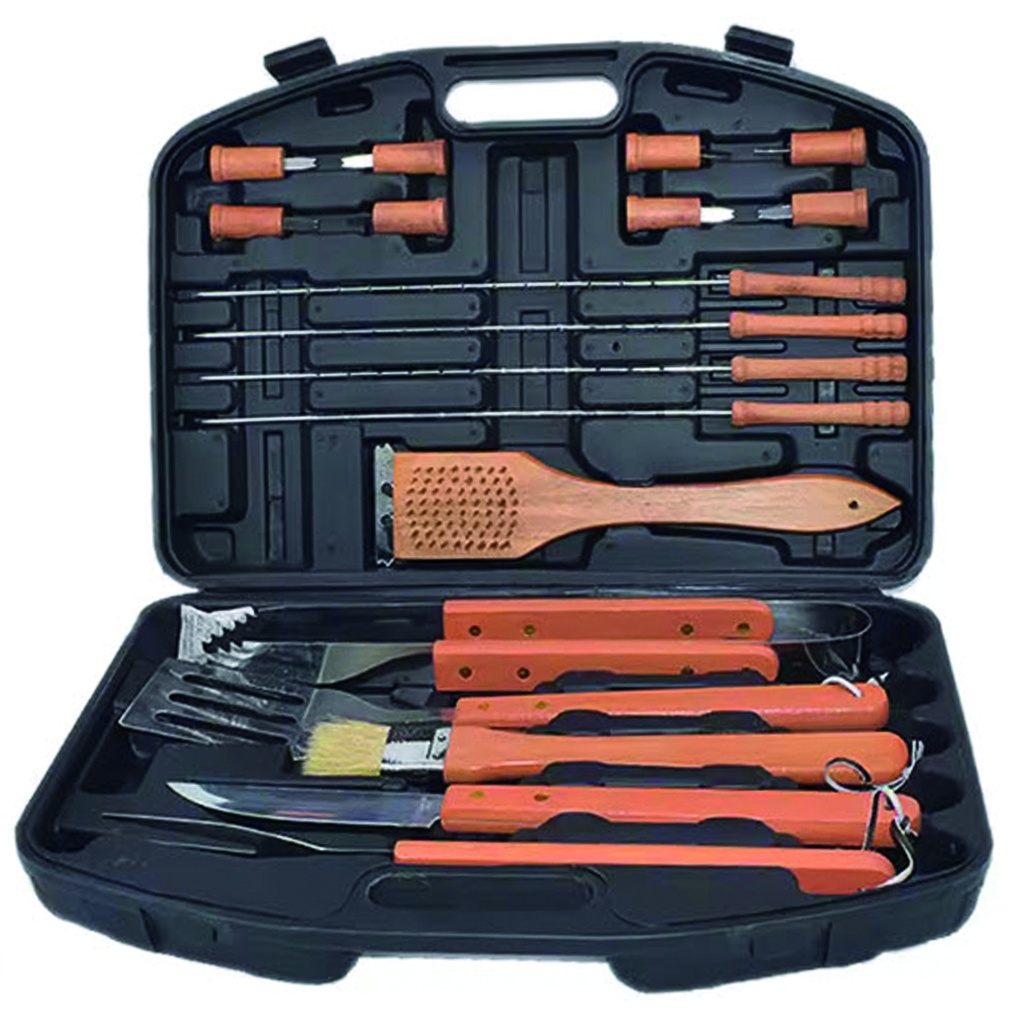 Set de parilla mango madera  18 piezas 
Estuche plastico 