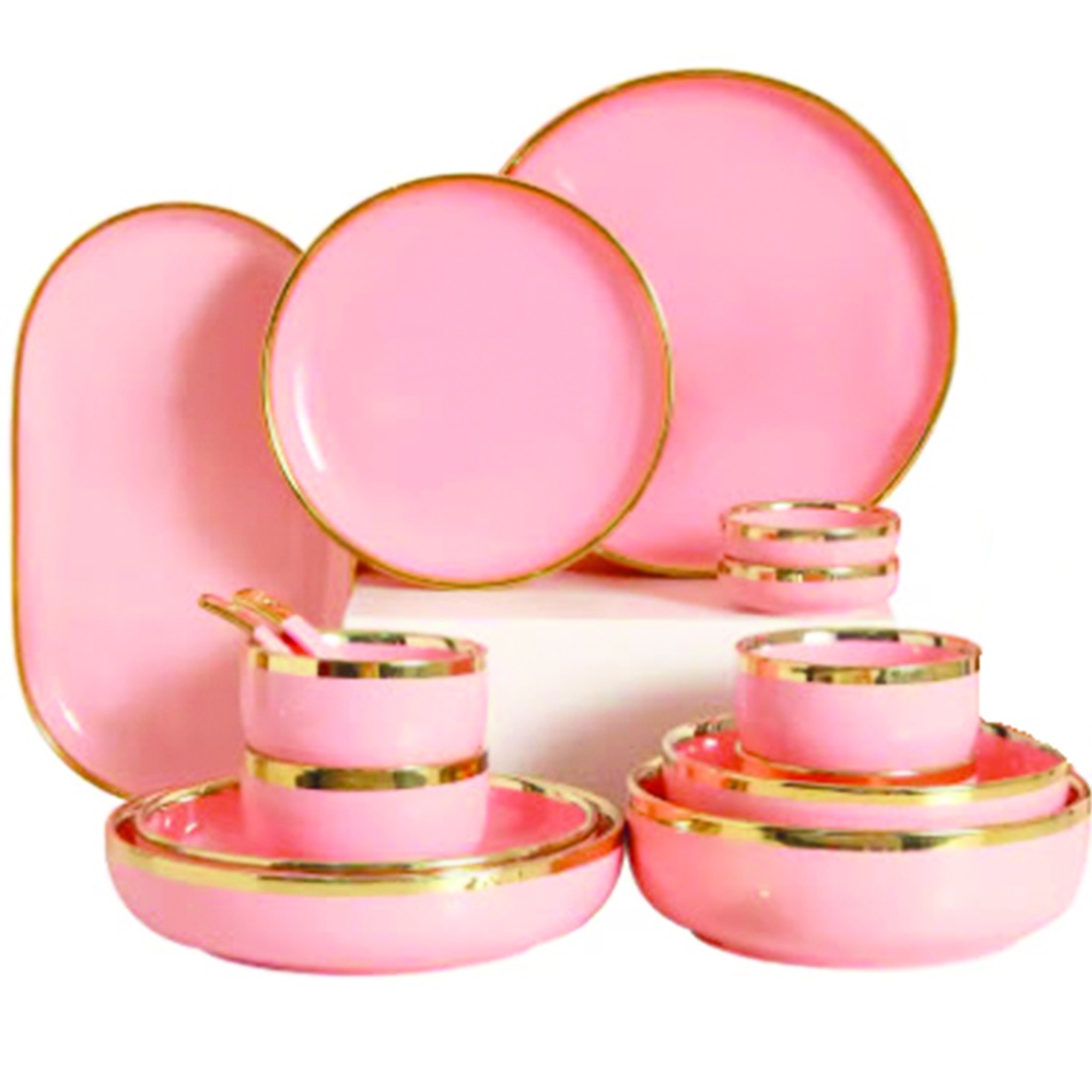 Juego de vajilla porcelana 24 piezas borde dorado rosa