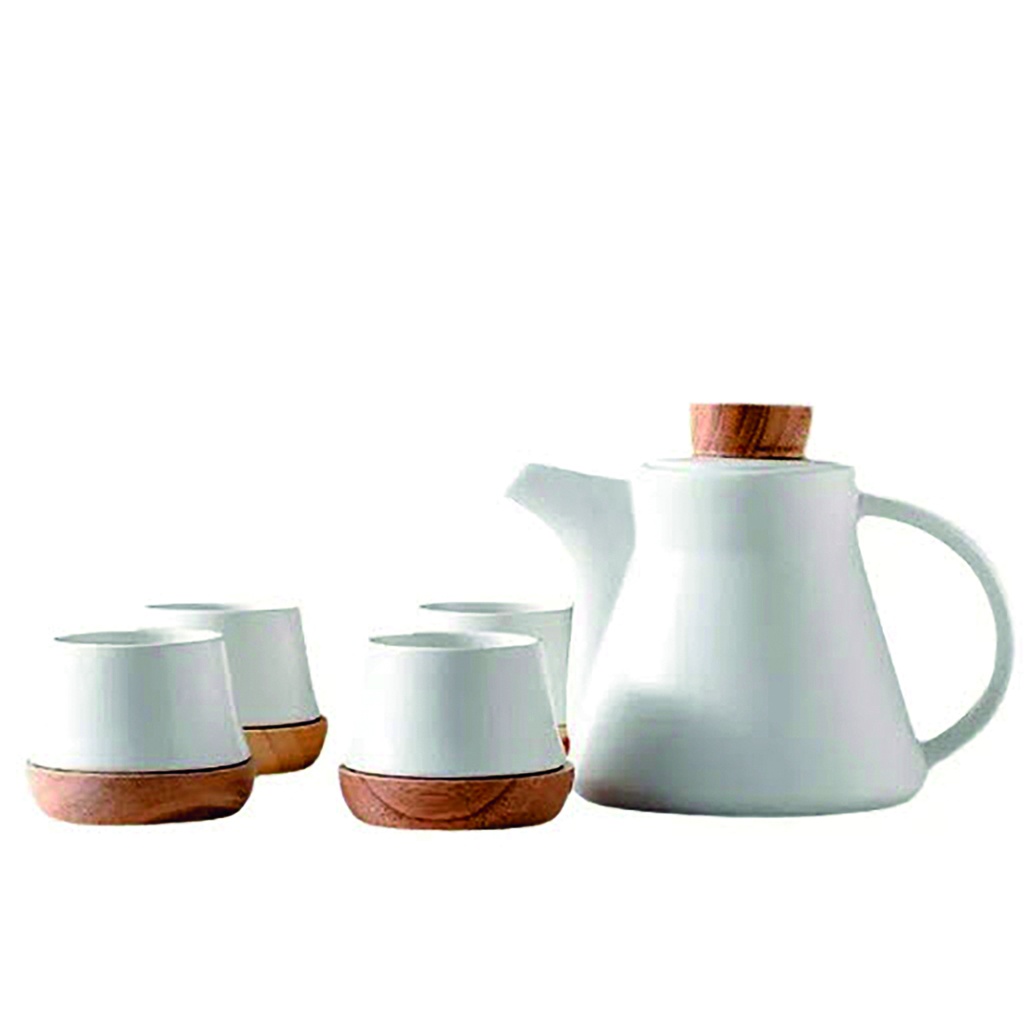 Juego de té ceramica y madera Blanco