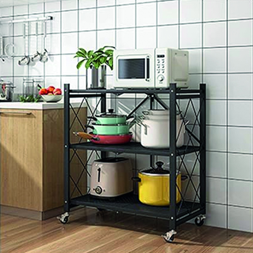 Rack para cocina plegable con ruedas  3 estantes Negro