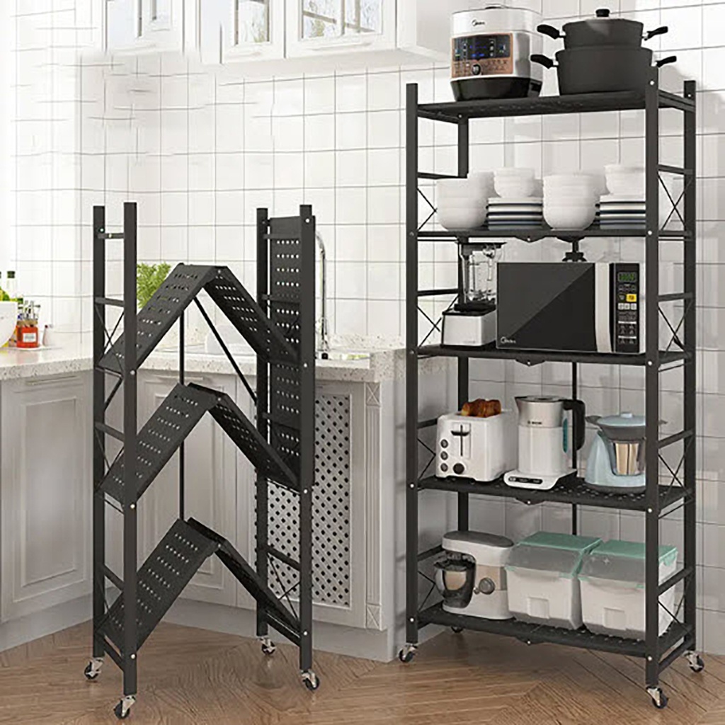 Rack para cocina plegable con ruedas 4 estantes Negro