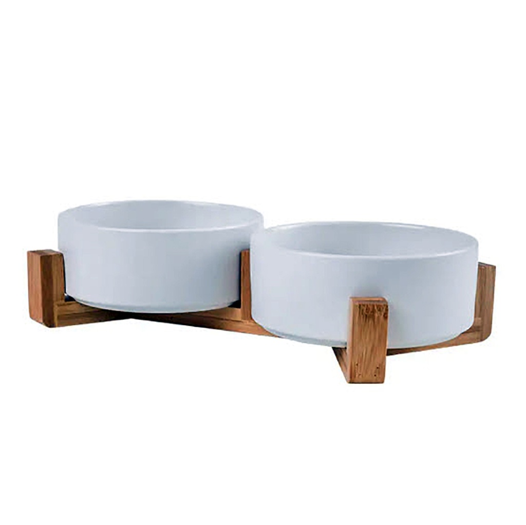 Comedero bebedero ceramica base madera doble Blanco