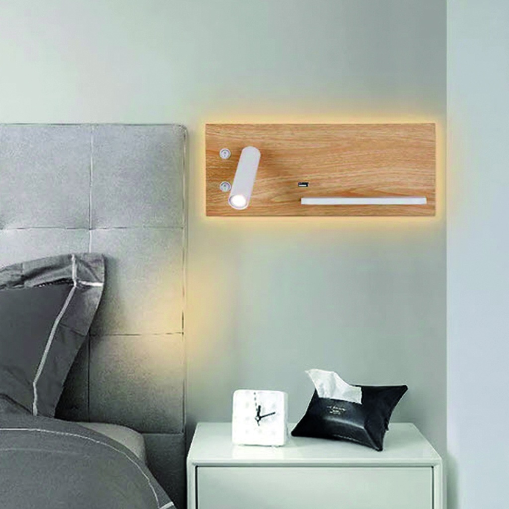 Luminaria lampara de pared led con cargador Izquierda/Derecha Madera