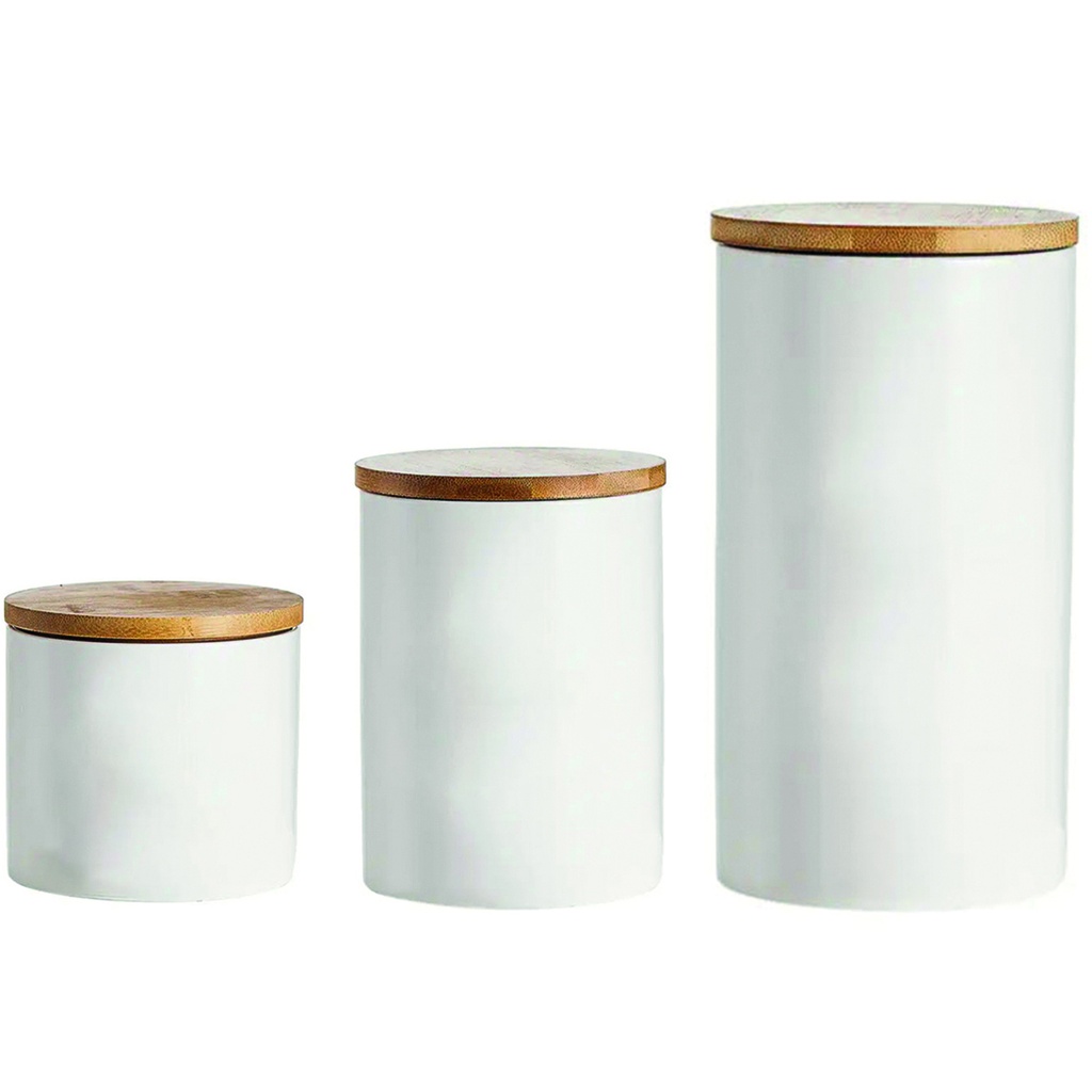 Contenedor de alimentos ceramica tapa bambú Set x3