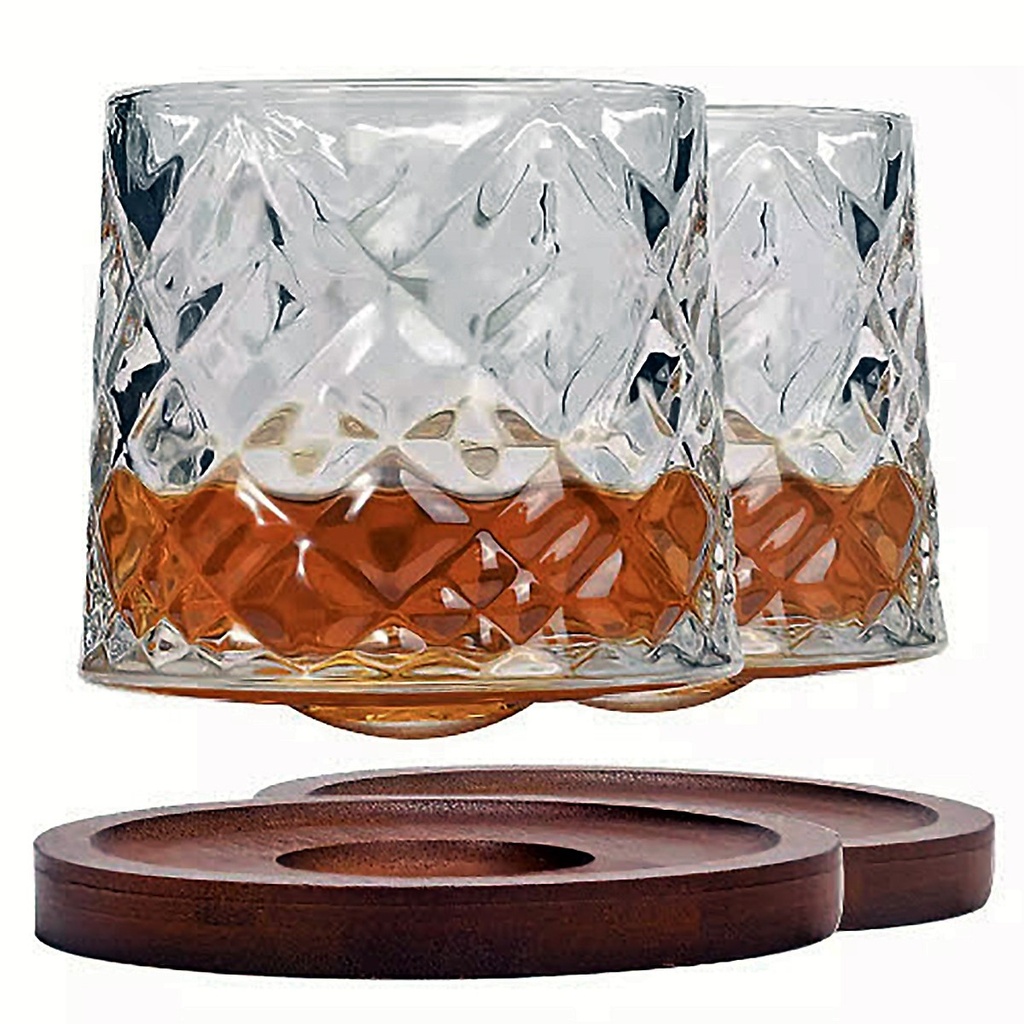 Vaso whisky labrado giratorio base madera 266ML