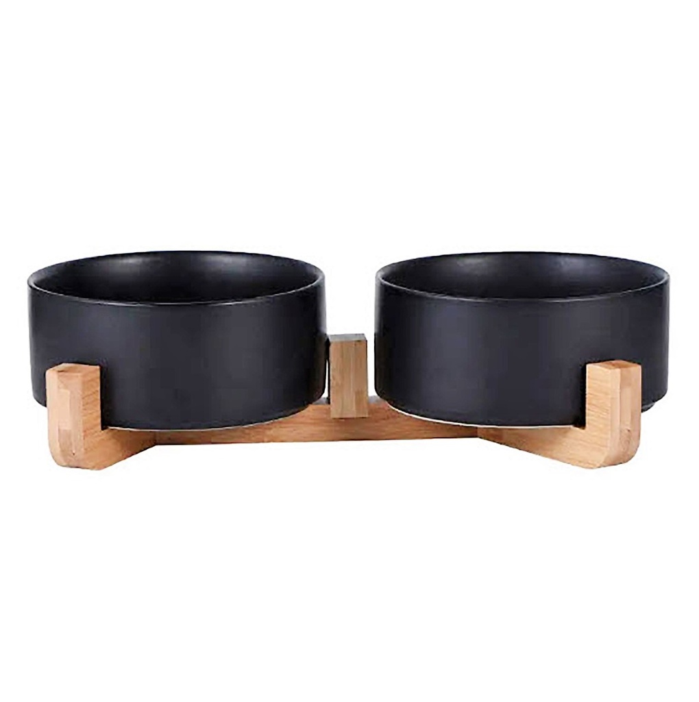 Comedero bebedero ceramica base madera doble Negro