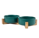 Comedero bebedero ceramica base madera doble Verde