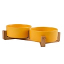 Comedero bebedero ceramica base madera doble Amarillo