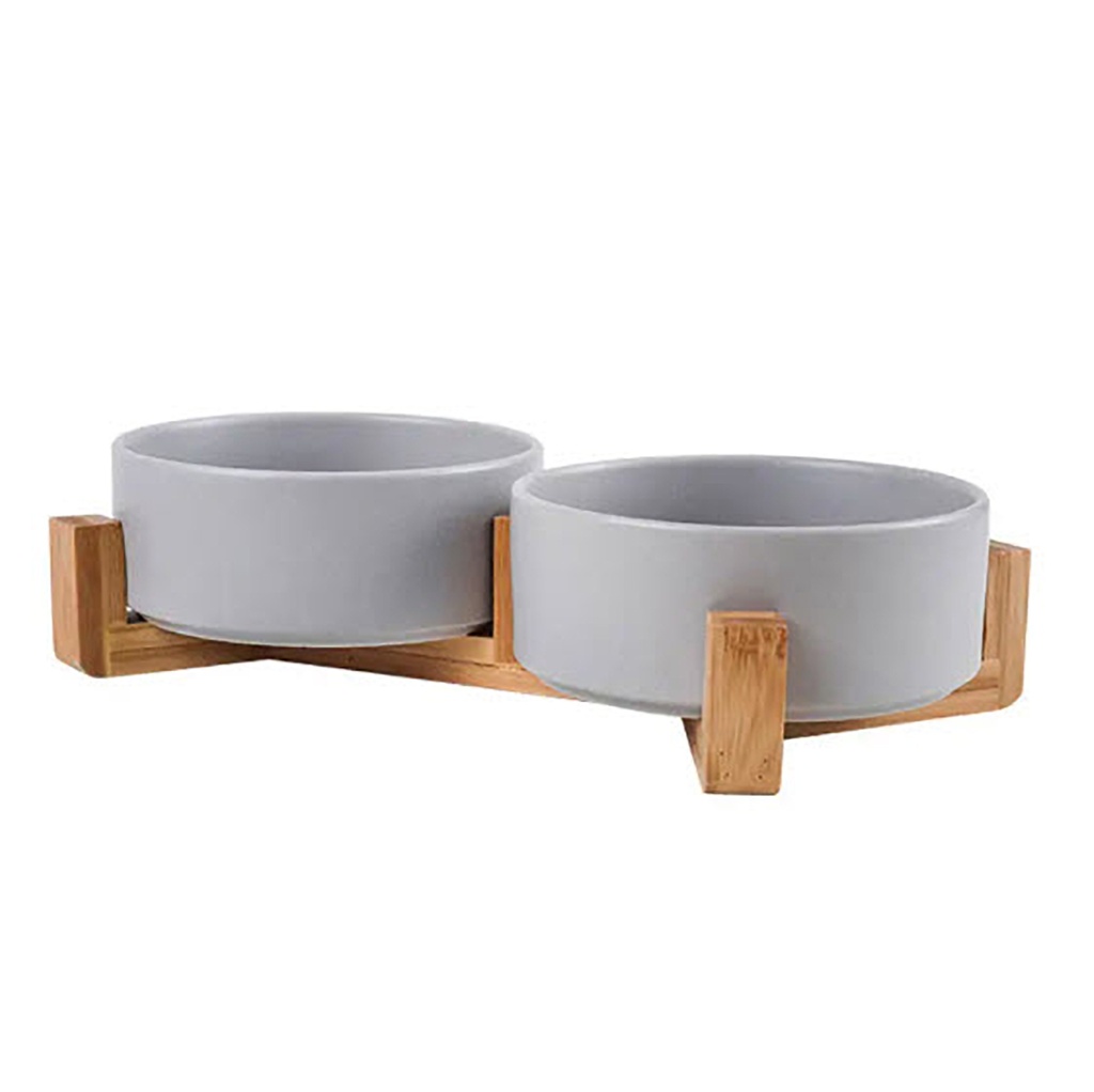 Comedero bebedero ceramica base madera doble Gris