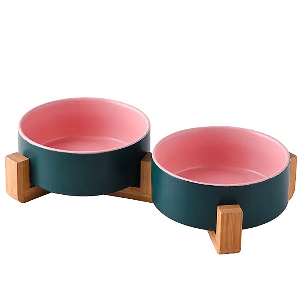 Comedero bebedero ceramica base madera doble Ver/Ros