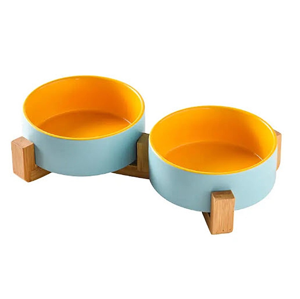 Comedero bebedero ceramica base madera doble Cel/Ama