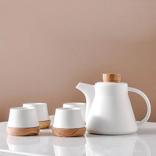 [DT2217B] Juego de té ceramica y madera Blanco