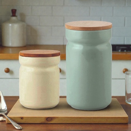 [DT2250] Contenedor de alimentos ceramica tapa bambú Set x 2