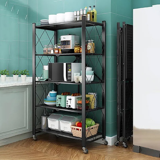 [DT2258N] Rack para cocina plegable con ruedas 5 estantes Negro