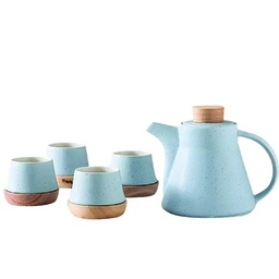 [DT2217C] Juego de té ceramica madera 4 servicios Celeste