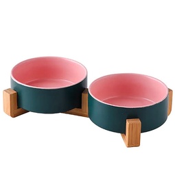 [DT4004VR] Comedero bebedero ceramica base madera doble Ver/Ros